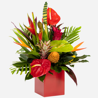 Hot Tropics - Ignite the passion with a unique, unforgettable romantic surprise of tropical flowers and foliage. PLEASE NOTE: this product may not be possible for same day delivery.