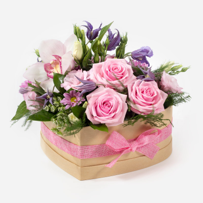 Heart of Gold Flower Arrangement - A stunning arrangement of luxurious pink and purple flowers. Made to delight in a stylish hat box.  This flower arrangement will be hand delivered by the local florist.