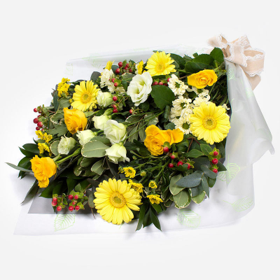 Funeral Flowers SYM-334 - Funeral Flowers in Cellophane. Yellow perfect bouquet to send for a funeral.