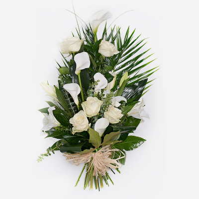 White Tied Sheaf  - White flowers and foliage. An ideal presentation bouquet to be sent to a funeral. In whites this bouquet is suitable for a man or a lady.