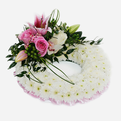 Pink Massed Wreath - Beautiful subtle pinks suitable for a funeral. 12" £60 /14" £70 16" £85 